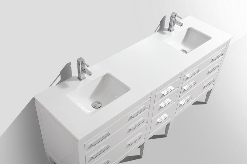 KubeBath Eiffel 72" Double Sink High Gloss White Freestanding Vanity w/ Quartz Countertop
