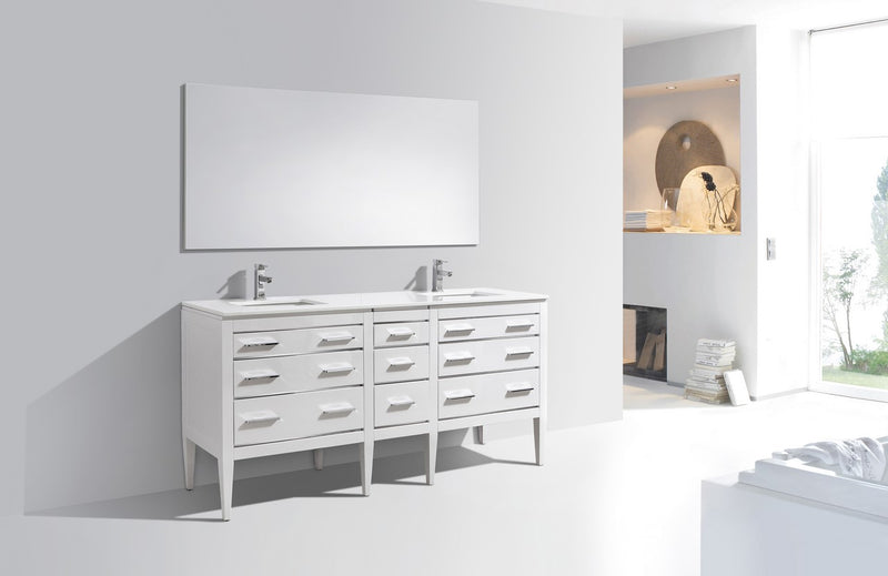 KubeBath Eiffel 72" Double Sink High Gloss White Freestanding Vanity w/ Quartz Countertop