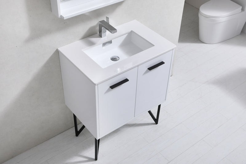 KubeBath Bosco 30" High Gloss White Modern Freestanding Vanity w/ Quartz Countertop