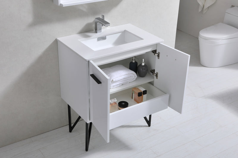 KubeBath Bosco 30" High Gloss White Modern Freestanding Vanity w/ Quartz Countertop