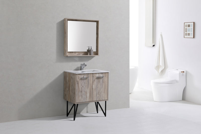 KubeBath Bosco 30" High Nature Wood Modern Freestanding Vanity w/ Cream Quartz Countertop