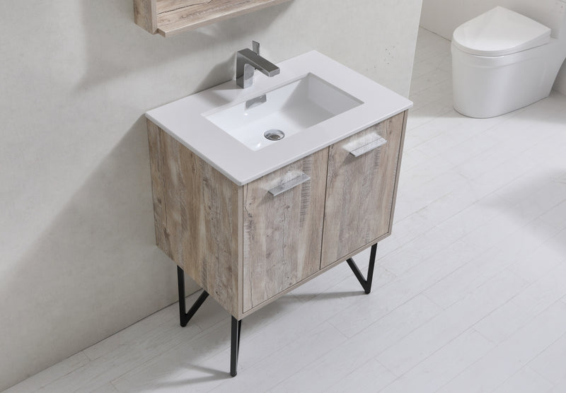 KubeBath Bosco 30" High Nature Wood Modern Freestanding Vanity w/ Cream Quartz Countertop
