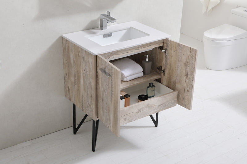 KubeBath Bosco 30" High Nature Wood Modern Freestanding Vanity w/ Cream Quartz Countertop