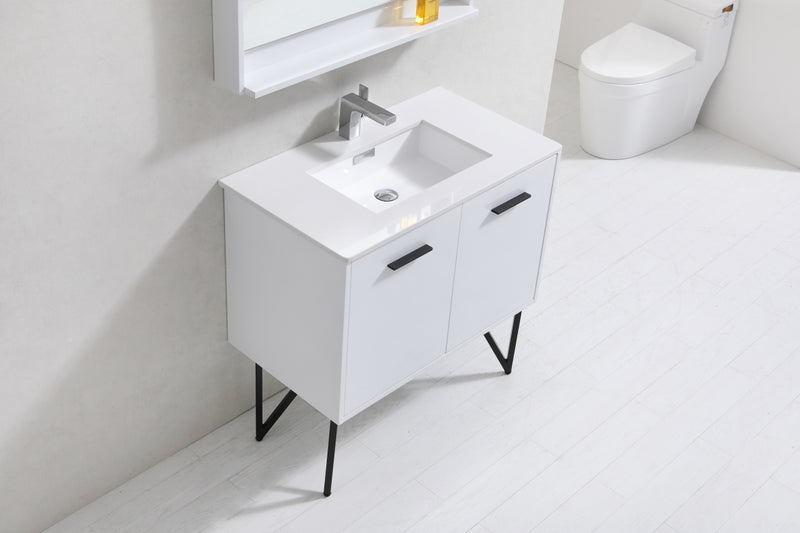 KubeBath Bosco 36" High Gloss White Modern Freestanding Vanity w/ Quartz Countertop