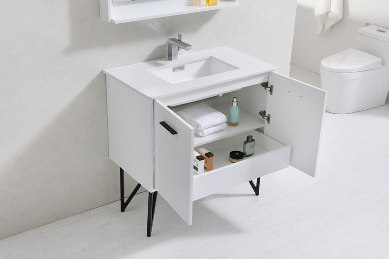 KubeBath Bosco 36" High Gloss White Modern Freestanding Vanity w/ Quartz Countertop