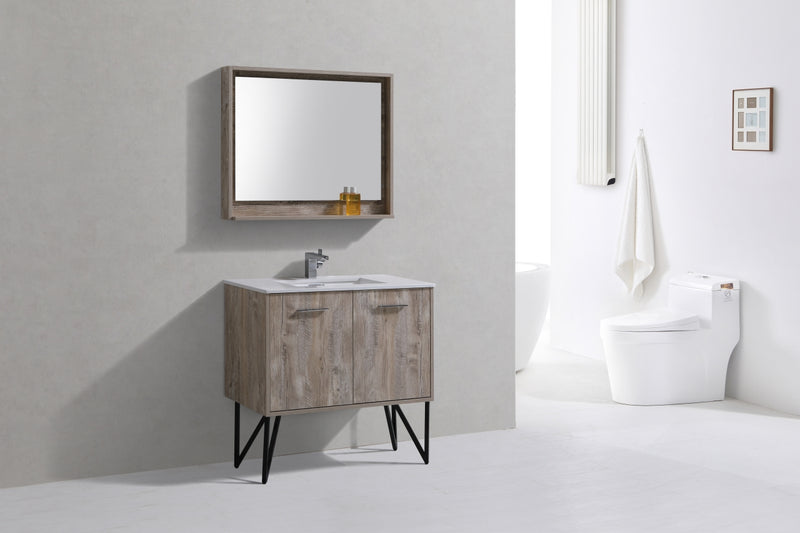 KubeBath Bosco 36" High Nature Wood Modern Freestanding Vanity w/ White Quartz Countertop