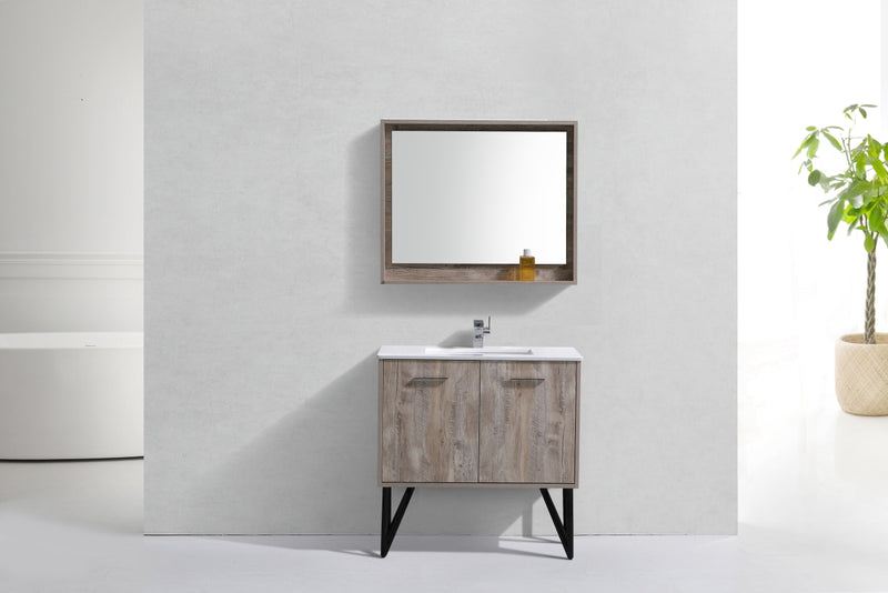 KubeBath Bosco 36" High Nature Wood Modern Freestanding Vanity w/ White Quartz Countertop