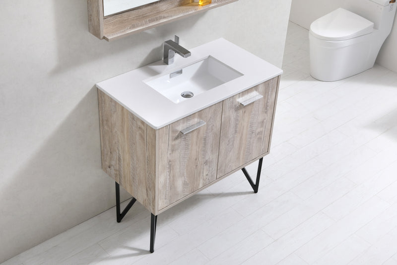 KubeBath Bosco 36" High Nature Wood Modern Freestanding Vanity w/ White Quartz Countertop