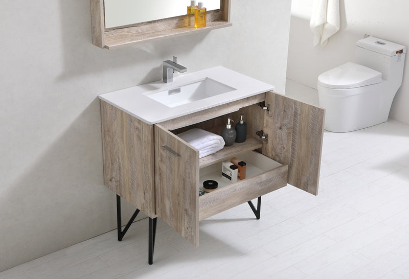 KubeBath Bosco 36" High Nature Wood Modern Freestanding Vanity w/ White Quartz Countertop