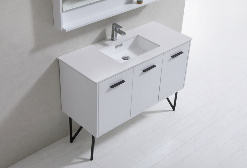 KubeBath Bosco 48" High Gloss White Modern Freestanding Vanity w/ Quartz Countertop