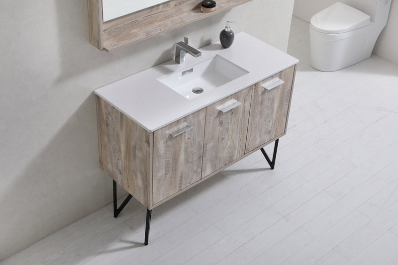 KubeBath Bosco 48" High Nature Wood Modern Freestanding Vanity w/ White Quartz Countertop