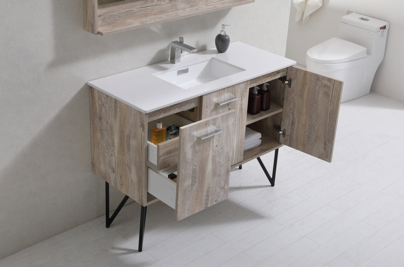 KubeBath Bosco 48" High Nature Wood Modern Freestanding Vanity w/ White Quartz Countertop