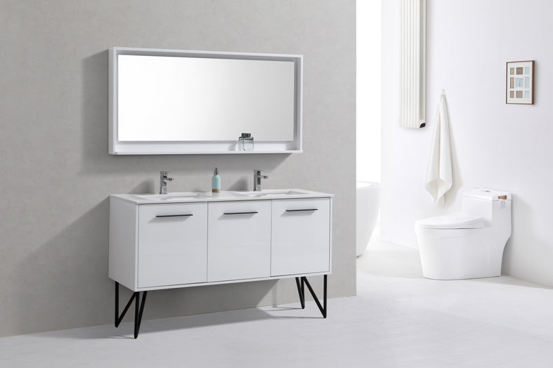 KubeBath Bosco 60" High Gloss White Freestanding Double Sink Vanity w/ Quartz Countertop