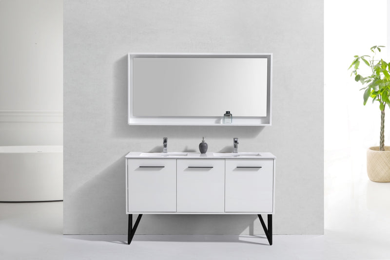 KubeBath Bosco 60" High Gloss White Freestanding Double Sink Vanity w/ Quartz Countertop