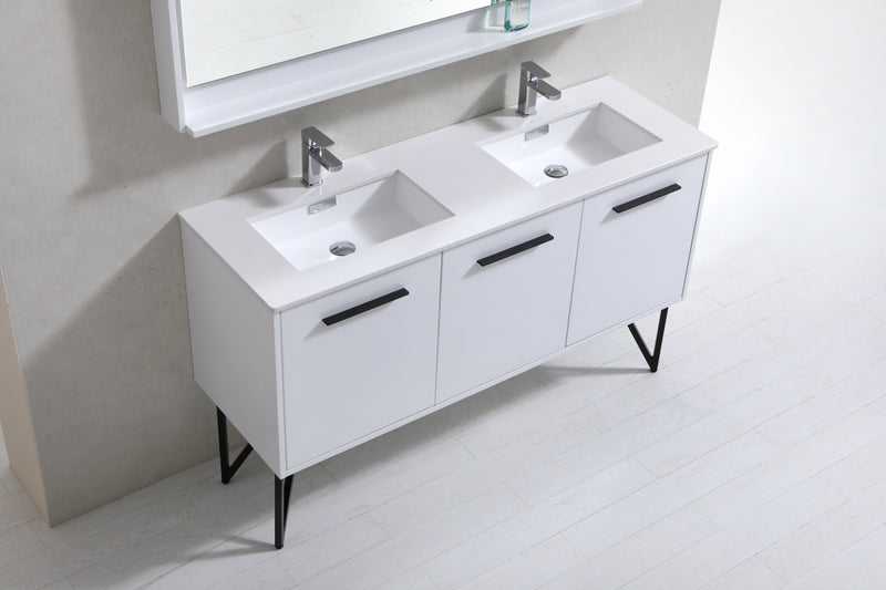 KubeBath Bosco 60" High Gloss White Freestanding Double Sink Vanity w/ Quartz Countertop