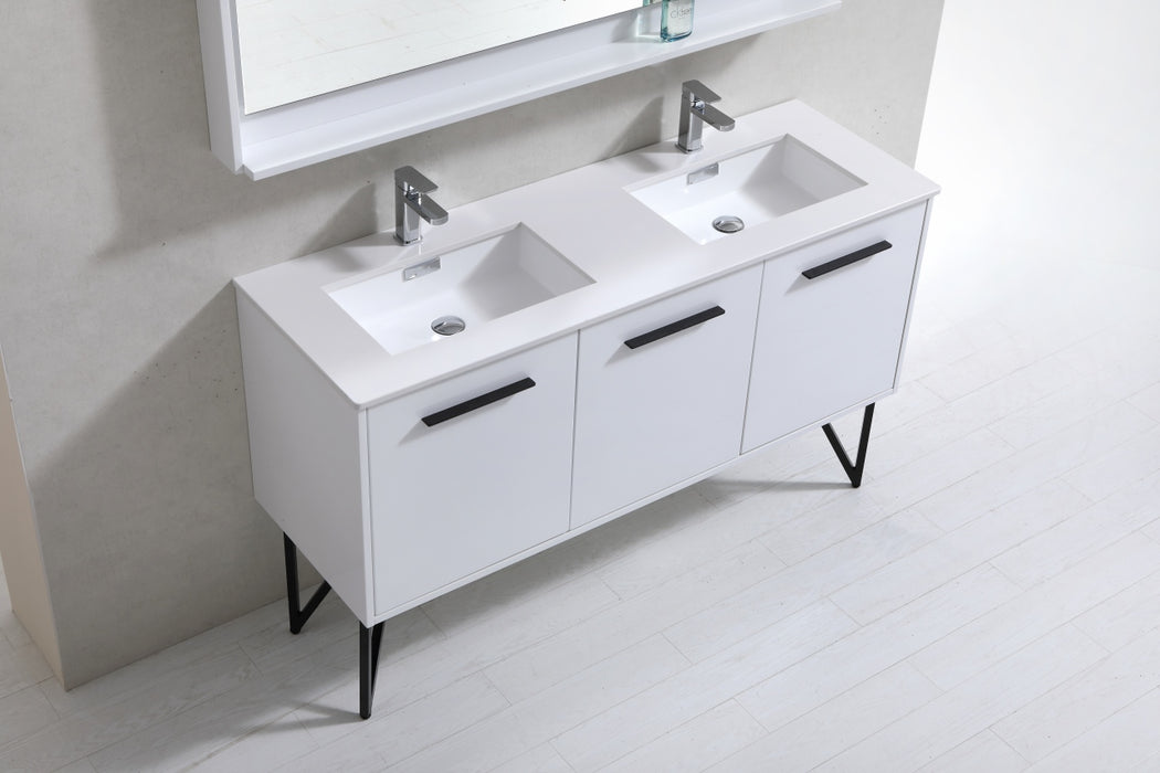 KubeBath Bosco 60" High Gloss White Double Sink Vanity w/ Quartz Countertop