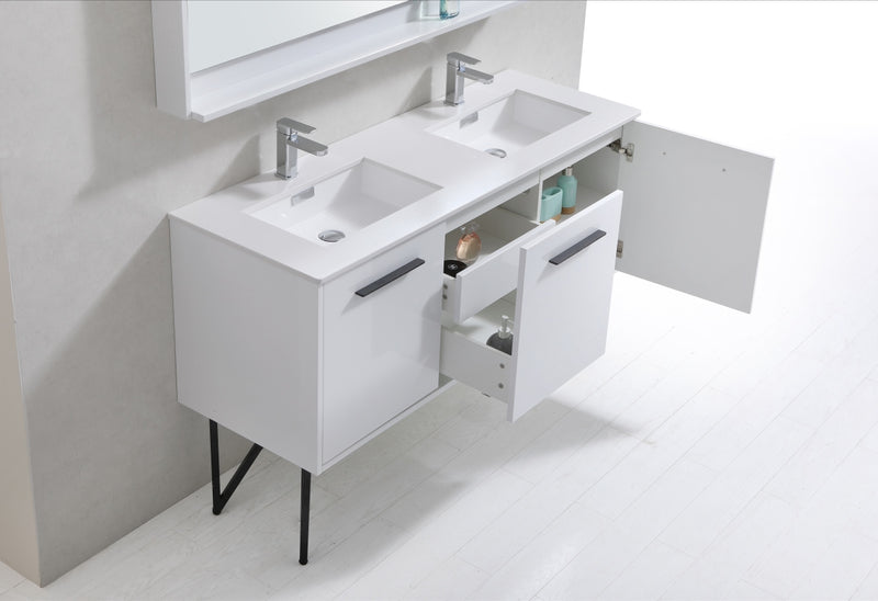 KubeBath Bosco 60" High Gloss White Freestanding Double Sink Vanity w/ Quartz Countertop
