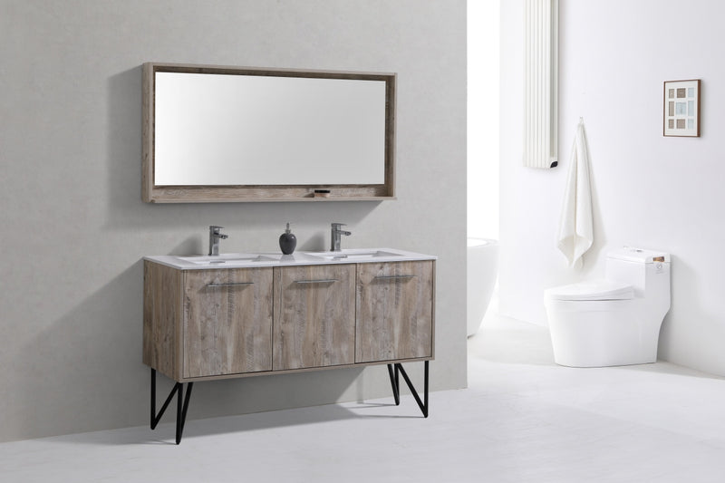 KubeBath Bosco 60" High Nature Wood Modern Freestanding Vanity w/ White Quartz Countertop