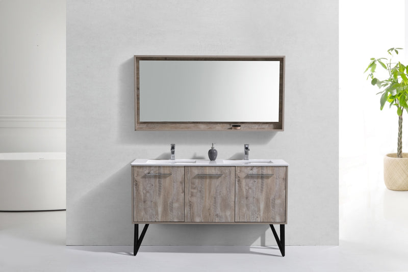 KubeBath Bosco 60" High Nature Wood Modern Freestanding Vanity w/ White Quartz Countertop