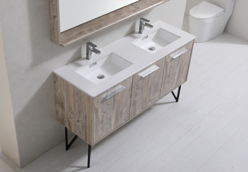 KubeBath Bosco 60" High Nature Wood Modern Freestanding Vanity w/ White Quartz Countertop