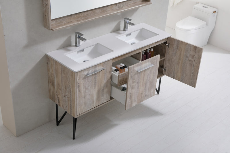 KubeBath Bosco 60" High Nature Wood Modern Freestanding Vanity w/ White Quartz Countertop