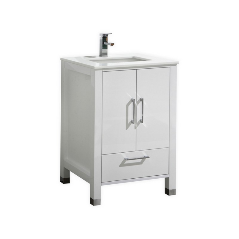 KubeBath Anziano 24" Gloss White Freestanding Vanity w/ Quartz Countertop and Undermount Sink