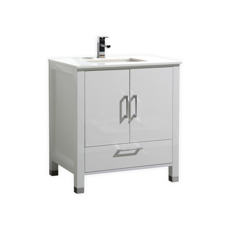 KubeBath Anziano 30" Gloss White Freestanding Vanity w/ Quartz Countertop and Undermount Sink