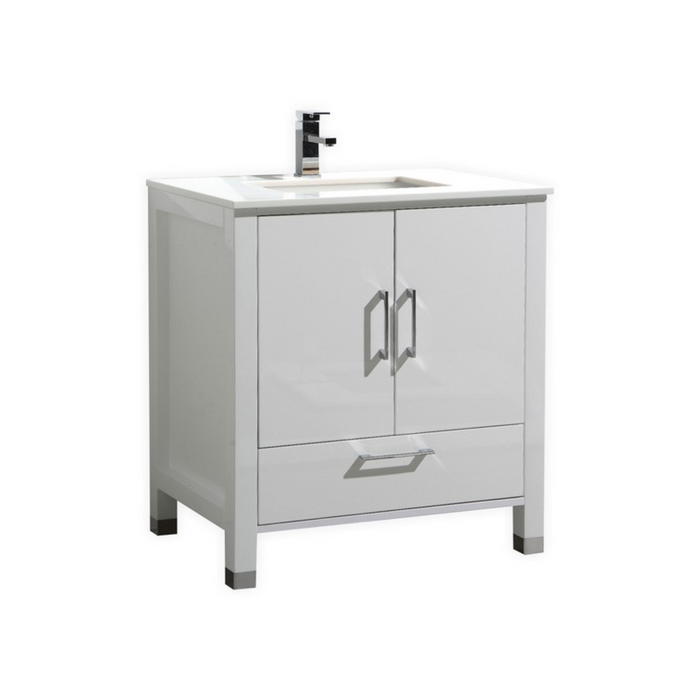 KubeBath Anziano 30" Gloss White Vanity w/ Quartz Countertop and Undermount Sink