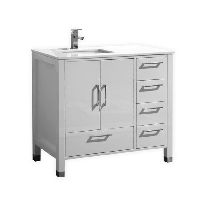 KubeBath Anziano 36" Gloss White Vanity w/ Quartz Countertop - Right Side Drawers