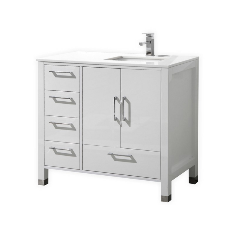KubeBath Anziano 36" Gloss White Freestanding Vanity w/ Quartz Countertop - Left Side Drawers