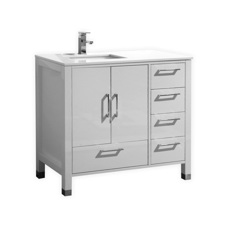 KubeBath Anziano 40" Gloss White Freestanding Vanity w/ Quartz Countertop