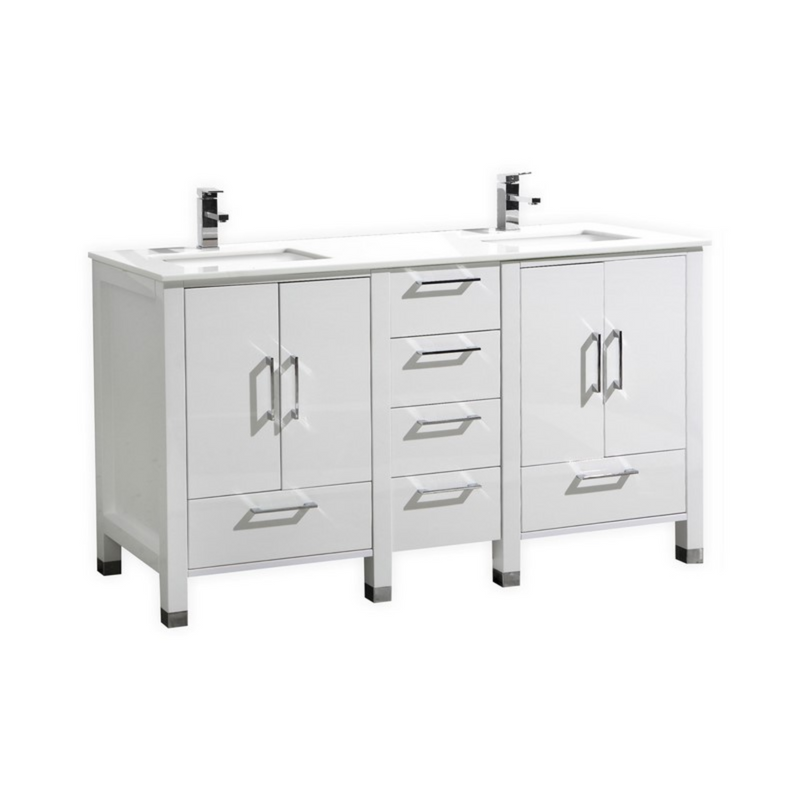KubeBath Anziano 60" Gloss White Freestanding Double Sink Vanity w/ Quartz Countertop