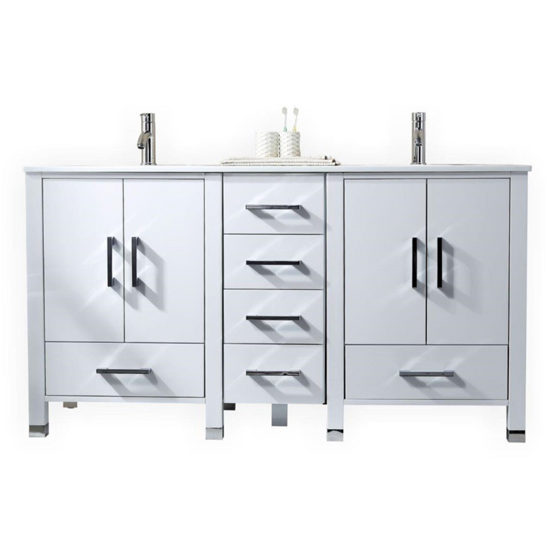 KubeBath Anziano 72" Gloss White Freestanding Double Sink Vanity w/ Quartz Countertop