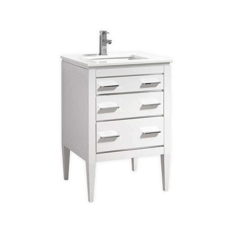 KubeBath Eiffel 24" High Gloss White Freestanding Vanity w/ Quartz Countertop