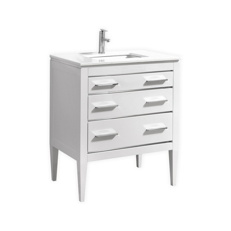 KubeBath Eiffel 30" High Gloss White Freestanding Vanity w/ Quartz Countertop