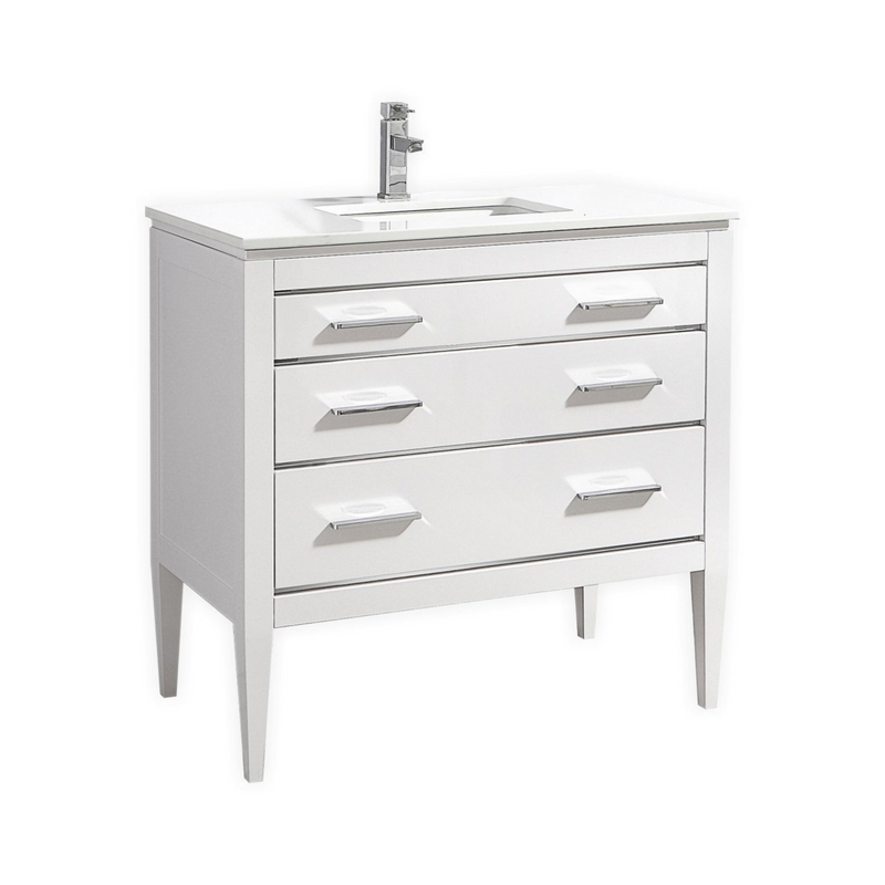 KubeBath Eiffel 36" High Gloss White Freestanding Vanity w/ Quartz Countertop