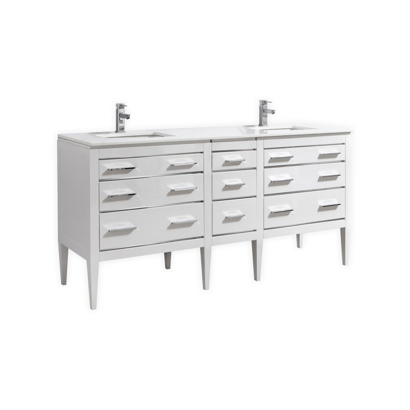 KubeBath Eiffel 72" Double Sink High Gloss White Freestanding Vanity w/ Quartz Countertop