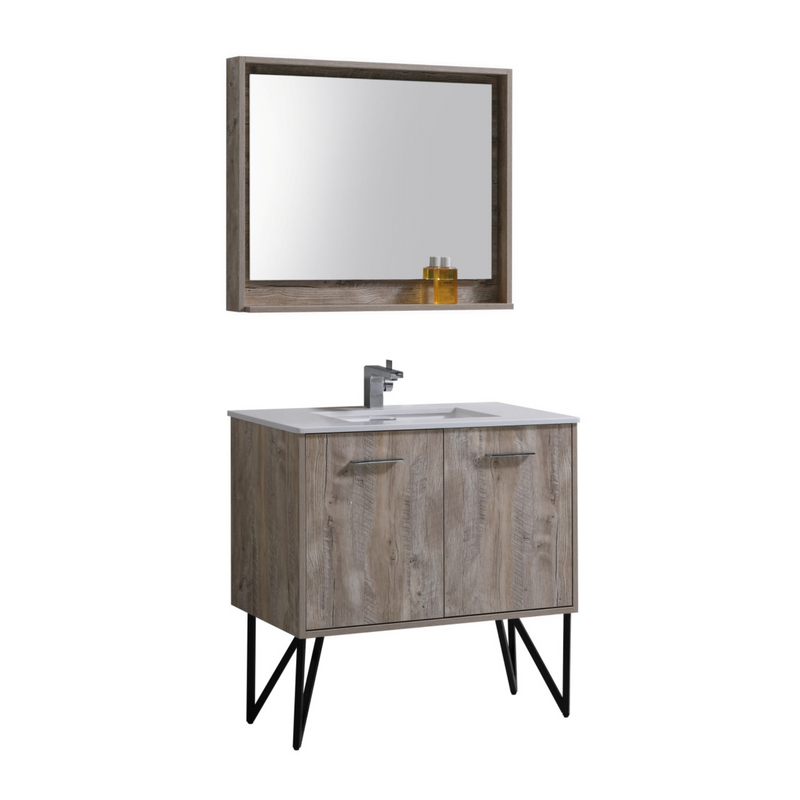KubeBath Bosco 36" High Nature Wood Modern Freestanding Vanity w/ White Quartz Countertop
