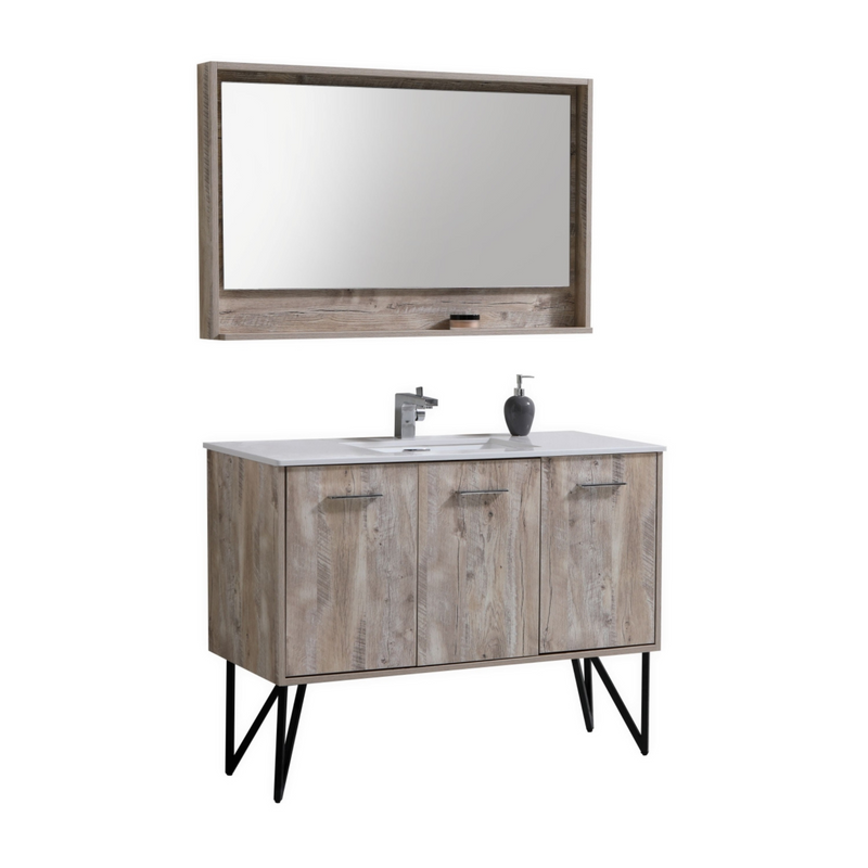 KubeBath Bosco 48" High Nature Wood Modern Freestanding Vanity w/ White Quartz Countertop