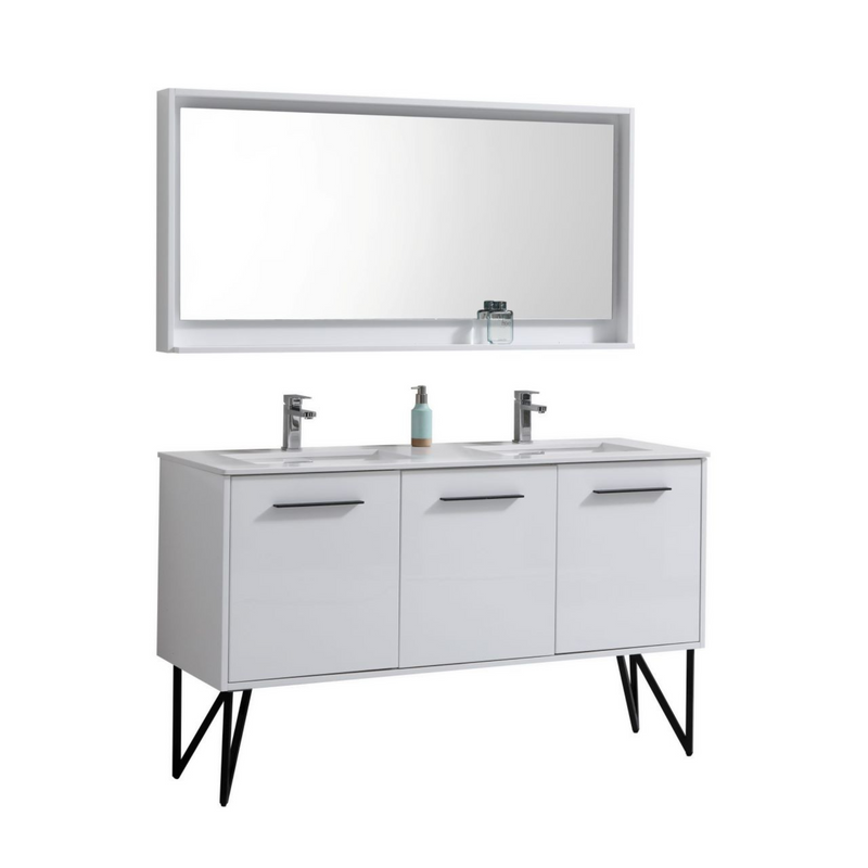 KubeBath Bosco 60" High Gloss White Freestanding Double Sink Vanity w/ Quartz Countertop