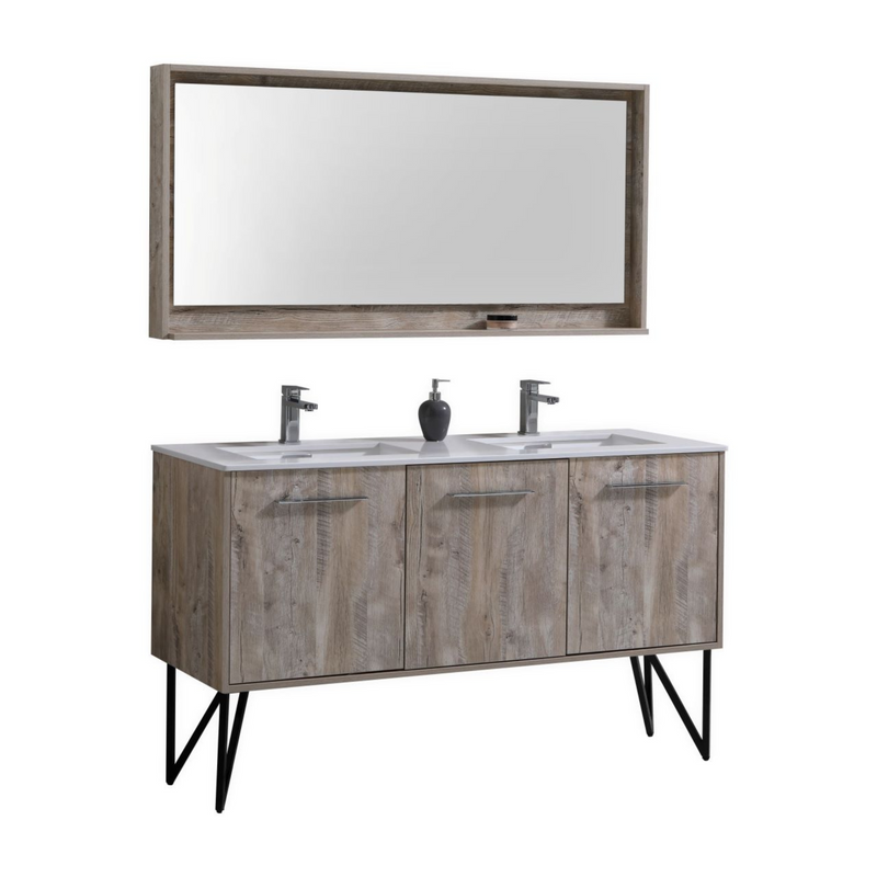 KubeBath Bosco 60" High Nature Wood Modern Freestanding Vanity w/ White Quartz Countertop