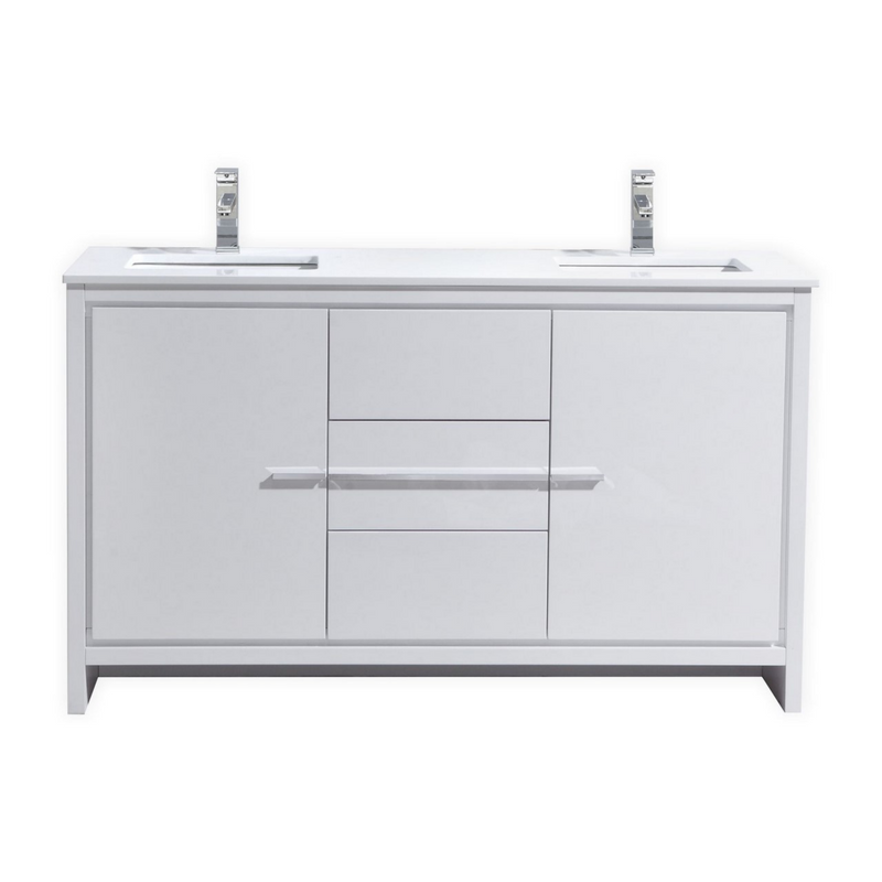 KubeBath Dolce 60″ Double Sink Modern Freestanding Bathroom Vanity with White Quartz Counter-Top