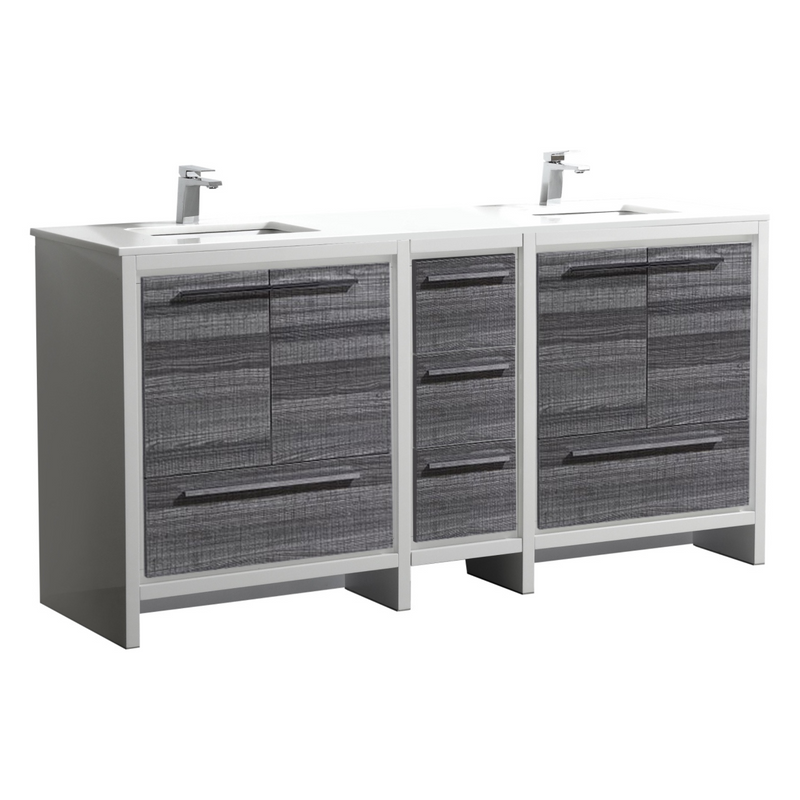 KubeBath Dolce 72″ Double Sink Modern Freestanding Bathroom Vanity with White Quartz Countertop