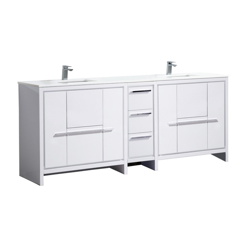 KubeBath Dolce 84″ Double Sink Modern Bathroom Vanity with White Quartz Countertop