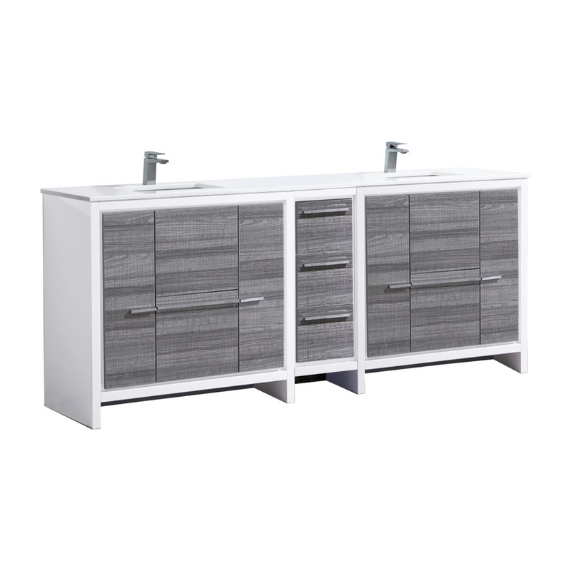 KubeBath Dolce 84″ Double Sink Modern Bathroom Vanity with White Quartz Countertop