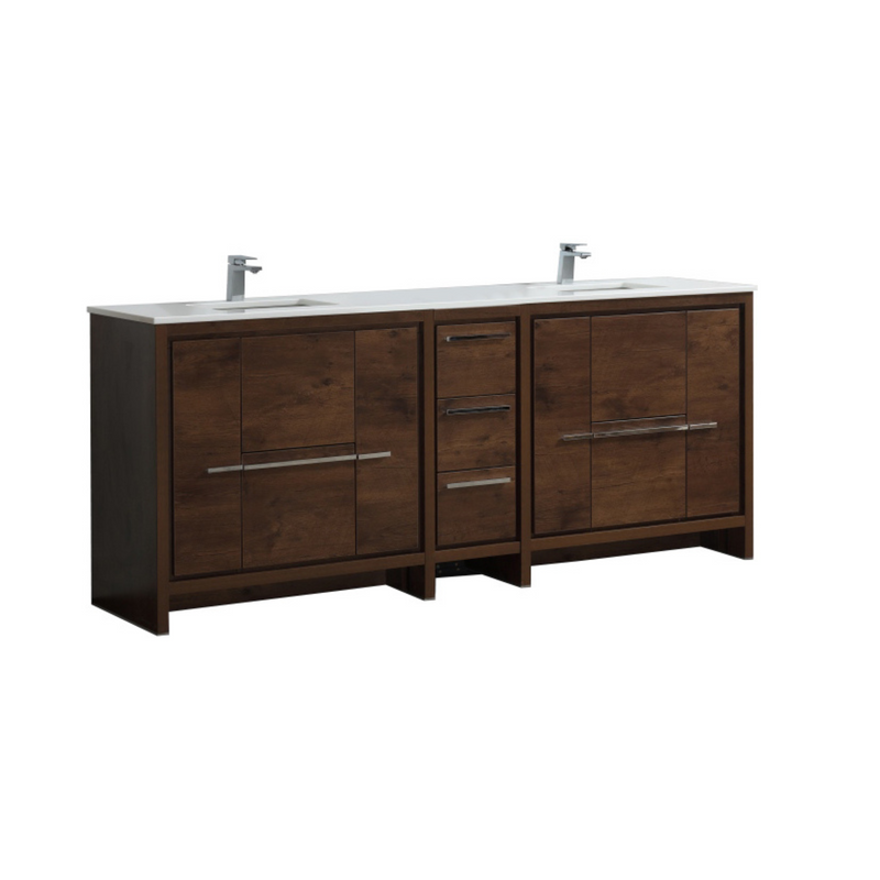 KubeBath Dolce 84″ Double Sink Modern Bathroom Vanity with White Quartz Countertop