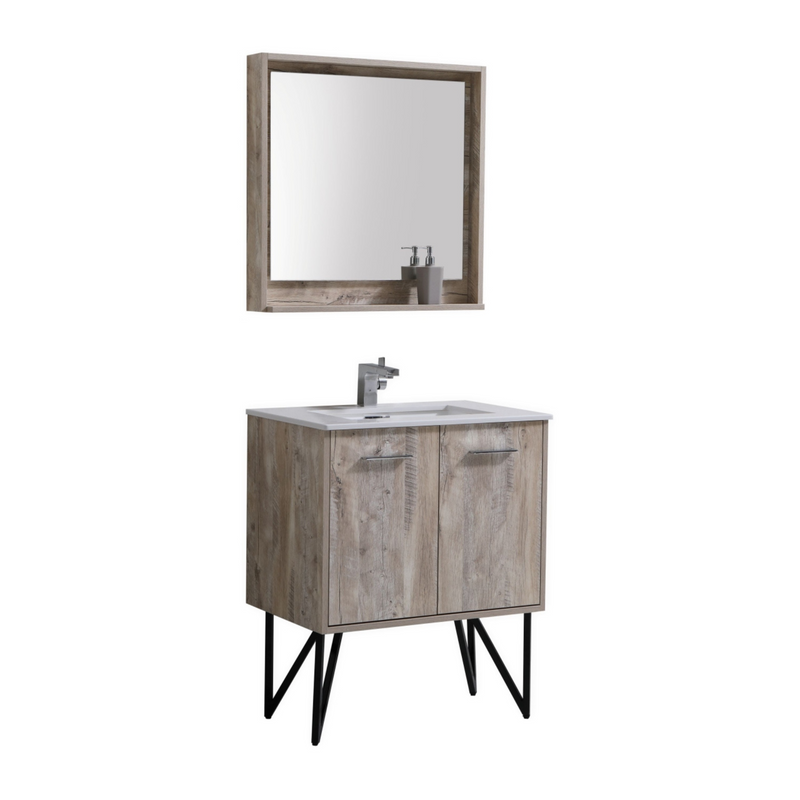 KubeBath Bosco 30" High Nature Wood Modern Freestanding Vanity w/ Cream Quartz Countertop