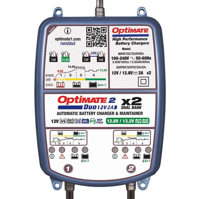 OptiMate 2 DUO x 2 Bank, TM-571, Bronze Series: 5-Step 2X 12V / 12.8V 2A Sealed Battery Charger & Maintainer
