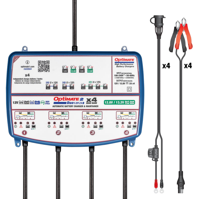 OptiMate 2 Duo x 4 Bank, TM-575, Bronze Series: 5-Step 4X 12V / 12.8V 2A Sealed Battery Charger & Maintainer