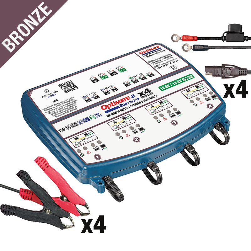 OptiMate 2 Duo x 4 Bank, TM-575, Bronze Series: 5-Step 4X 12V / 12.8V 2A Sealed Battery Charger & Maintainer